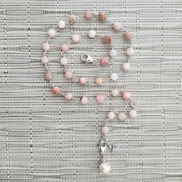 PINK OPAL NECKLACE EXTENDABLE SIZE WITH MINI STERLING SILVER BEE